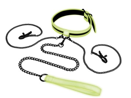 Glow In The Dark Collar With Nipple Clips And Leash świecąca w ciemności obroża z klipsami na sutki i smyczą Black Supply